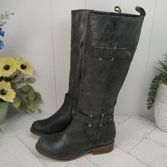 Corral Charcoal Leather Women’s Riding Boots with Straps 6.5 Distressed Low Heel - Picture 1 of 13